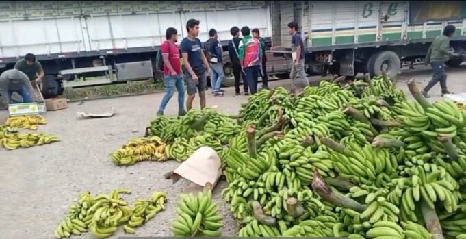 12 CAMIONES DE BANANO SON BOTADOS EN LA CARRETERA POR LOS BLOQUEOS